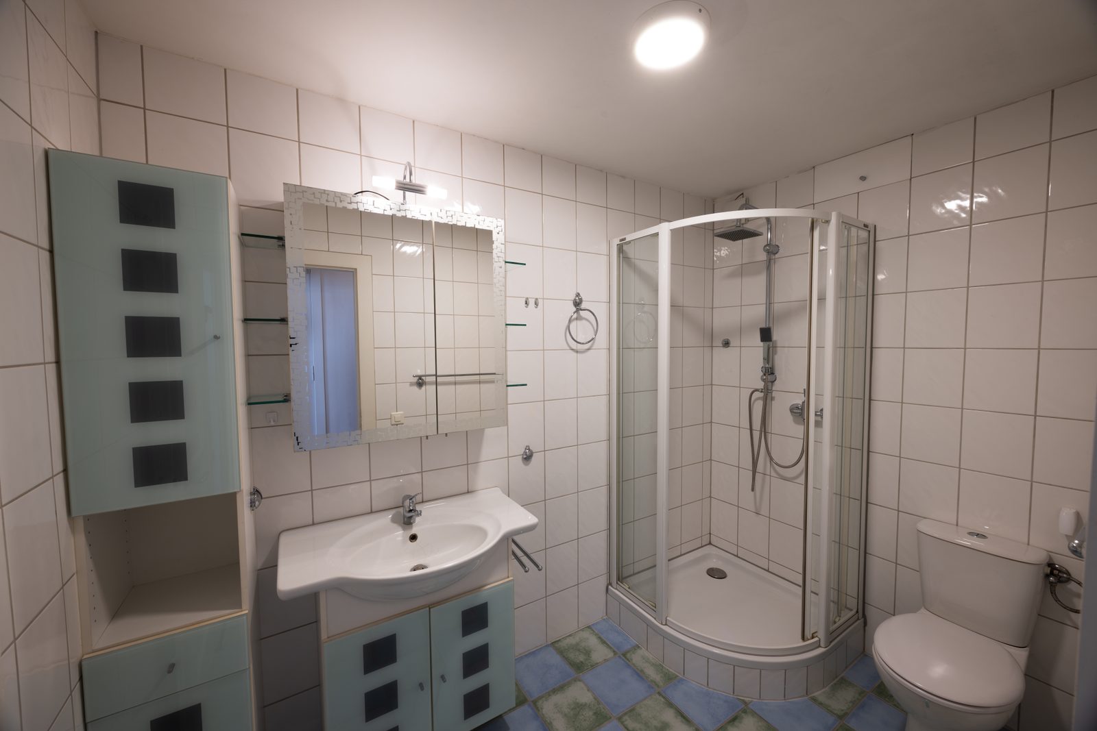 Badezimmer mit Dusche, WC und Badmöbeln